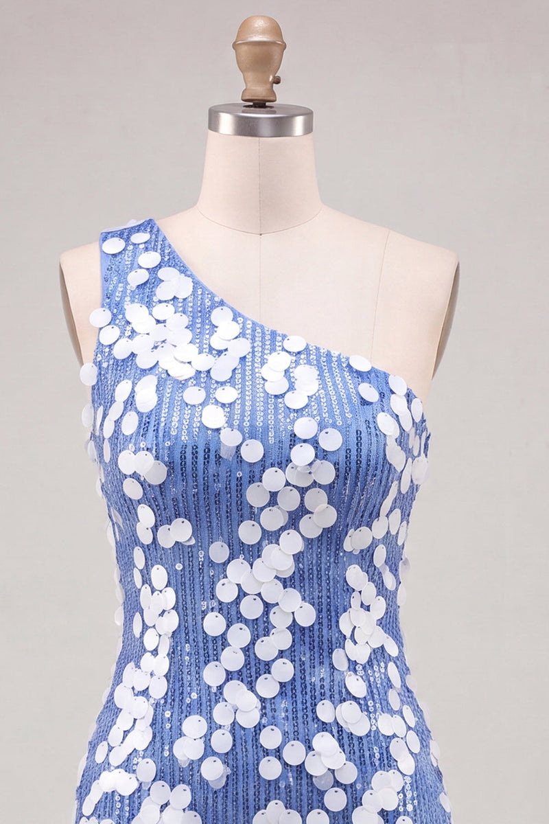 Load image into Gallery viewer, Sparkly Blue Sequin One Shoulder Tight Short Cocktail Dress