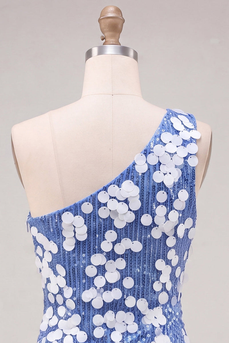 Load image into Gallery viewer, Sparkly Blue Sequin One Shoulder Tight Short Cocktail Dress