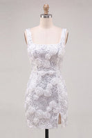 Load image into Gallery viewer, Ivory Floral Sparkly Sequin Short Tight Cocktail Dress with Slit