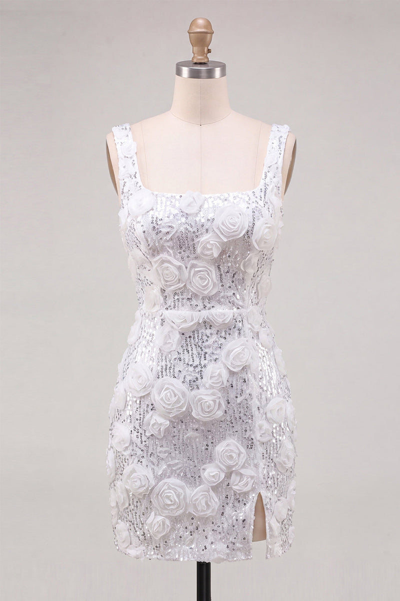 Load image into Gallery viewer, Ivory Floral Sparkly Sequin Short Tight Cocktail Dress with Slit
