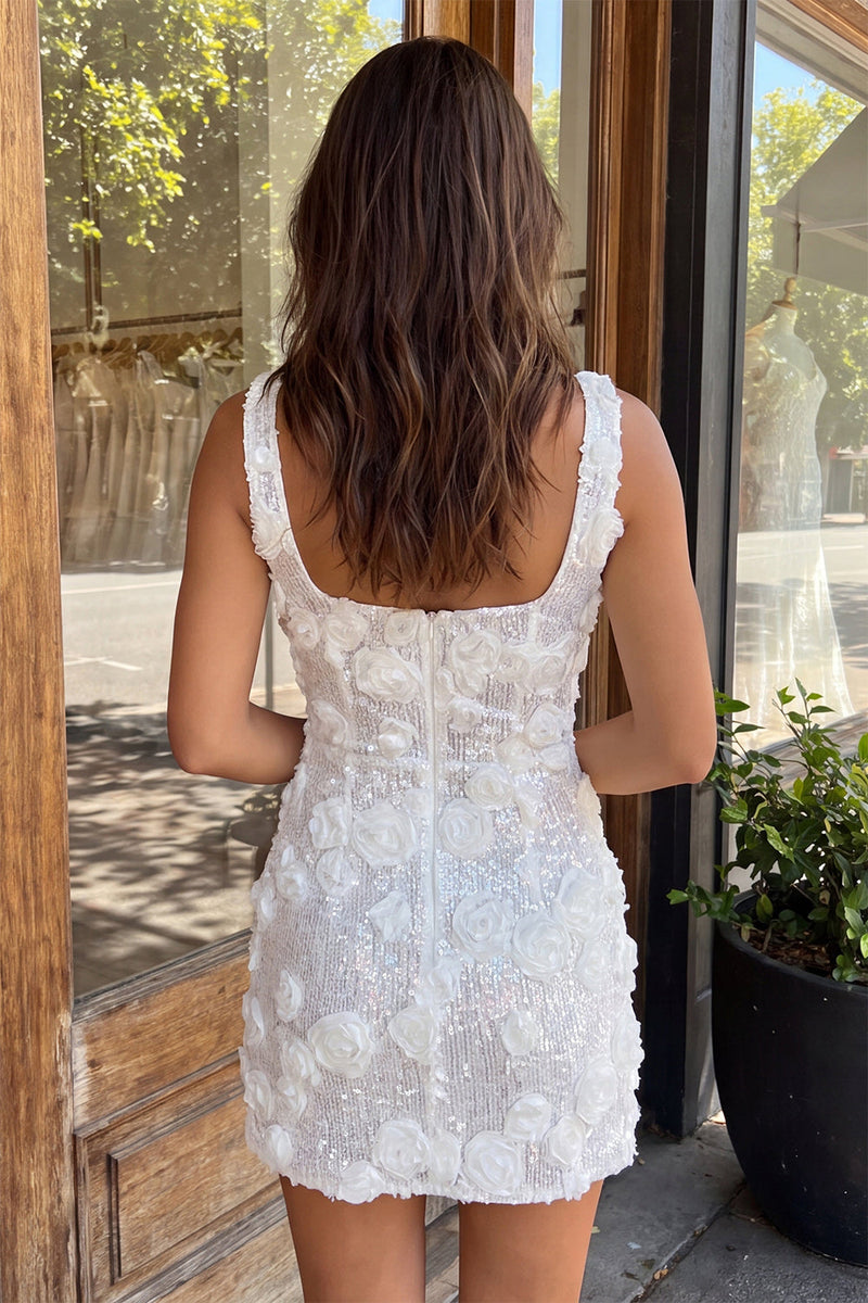 Load image into Gallery viewer, Ivory Floral Sparkly Sequin Short Tight Cocktail Dress with Slit