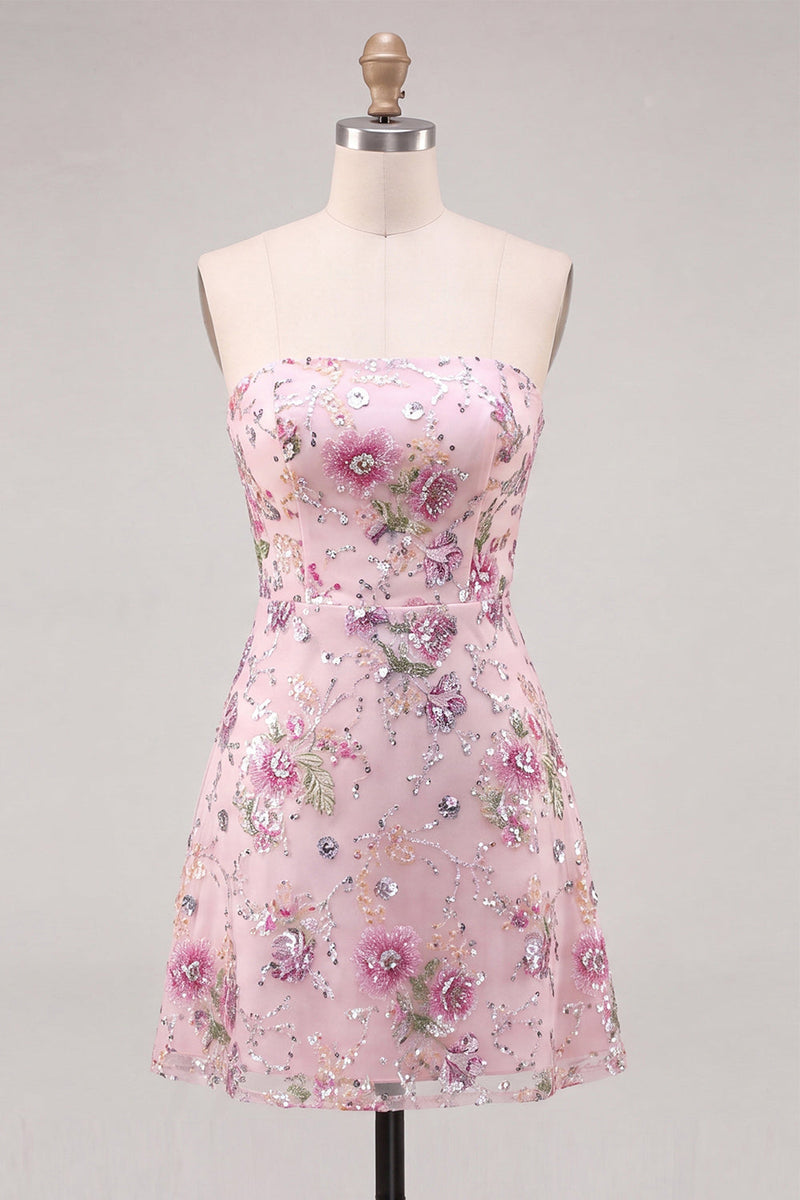 Load image into Gallery viewer, Sparkly Pink Floral Beaded Strapless A Line Short Cocktail Dress