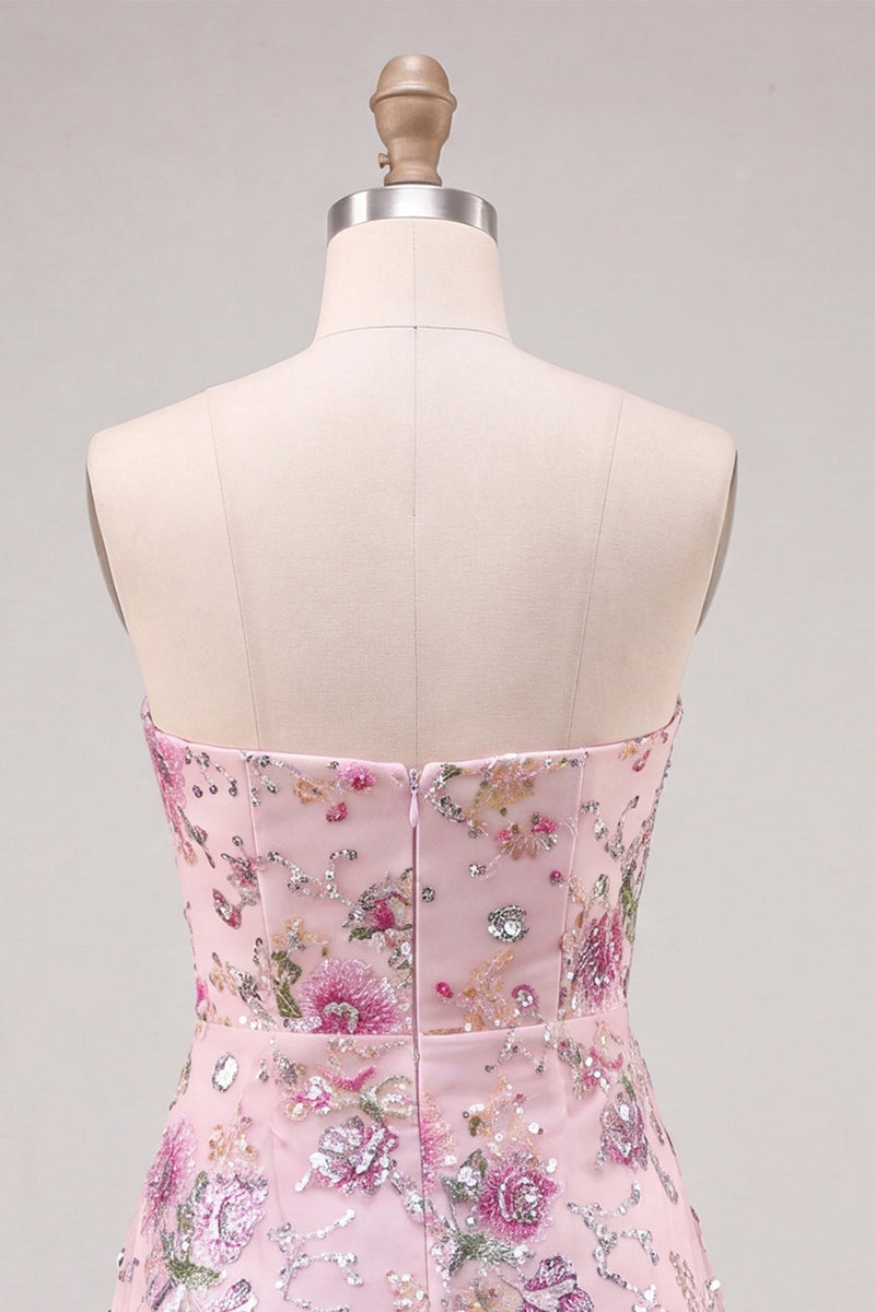 Load image into Gallery viewer, Sparkly Pink Floral Beaded Strapless A Line Short Cocktail Dress