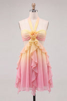 Load image into Gallery viewer, Yellow and Pink Ruffled Cut Out Halter Chiffon Short Cocktail Dress