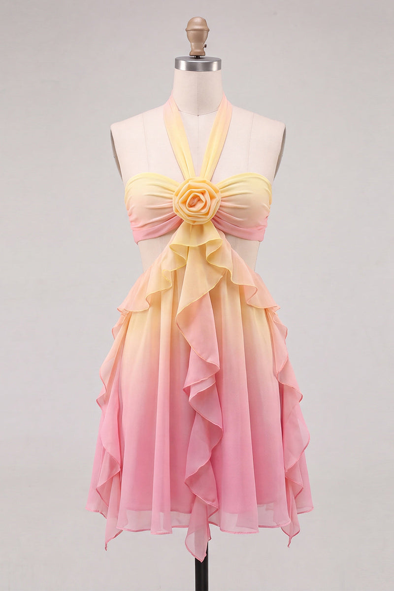 Load image into Gallery viewer, Yellow and Pink Ruffled Cut Out Halter Chiffon Short Cocktail Dress