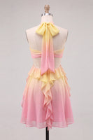 Load image into Gallery viewer, Yellow and Pink Ruffled Cut Out Halter Chiffon Short Cocktail Dress