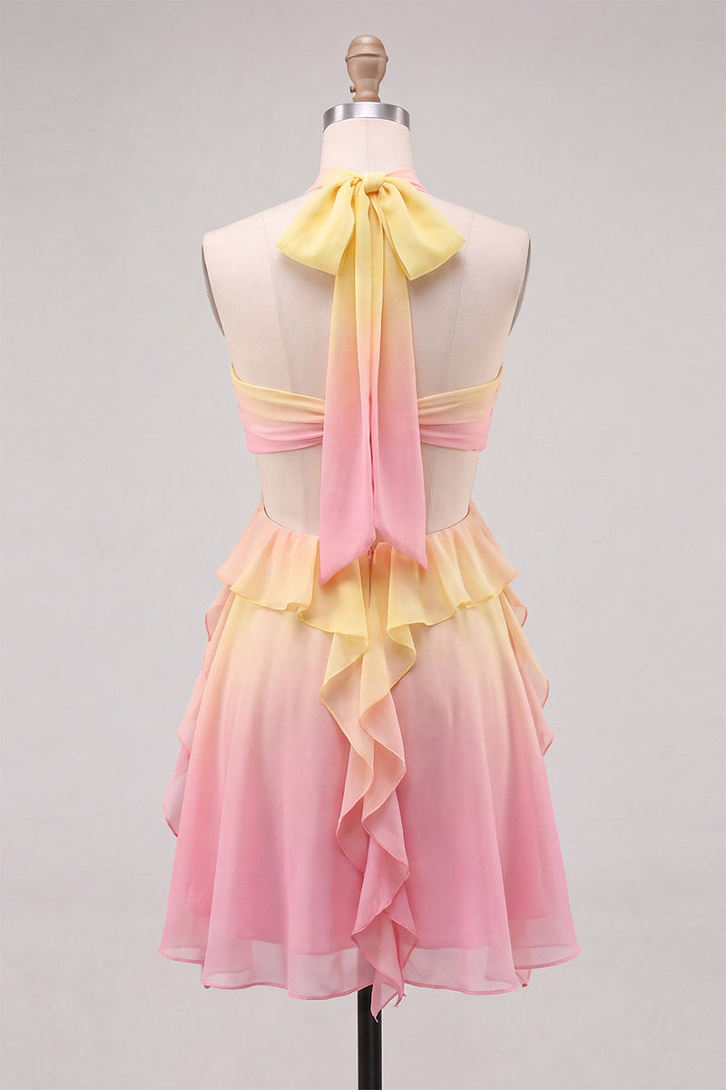 Load image into Gallery viewer, Yellow and Pink Ruffled Cut Out Halter Chiffon Short Cocktail Dress