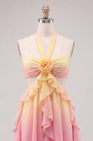Load image into Gallery viewer, Yellow and Pink Ruffled Cut Out Halter Chiffon Short Cocktail Dress