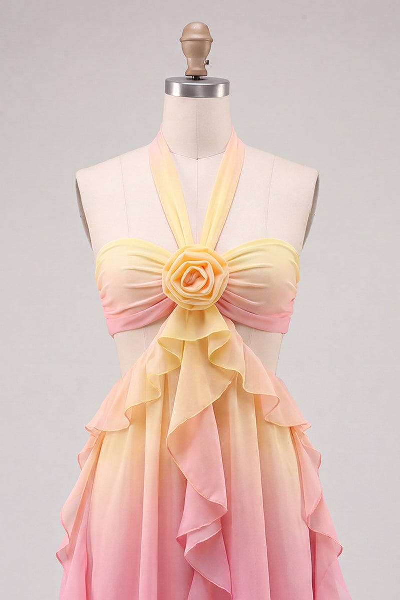 Load image into Gallery viewer, Yellow and Pink Ruffled Cut Out Halter Chiffon Short Cocktail Dress