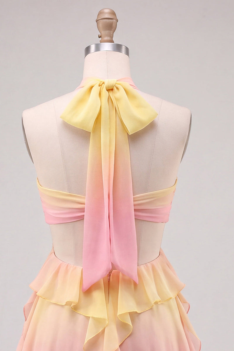 Load image into Gallery viewer, Yellow and Pink Ruffled Cut Out Halter Chiffon Short Cocktail Dress