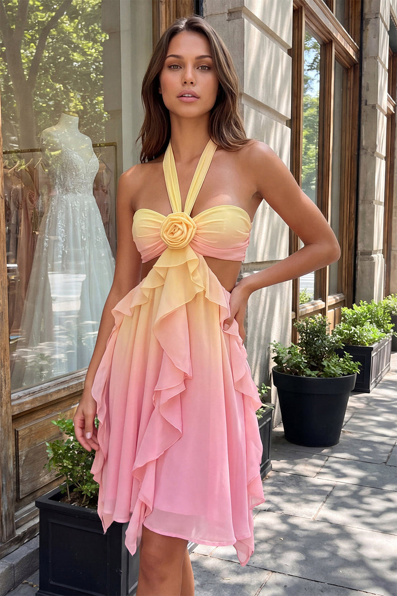 Load image into Gallery viewer, Yellow and Pink Ruffled Cut Out Halter Chiffon Short Cocktail Dress