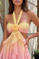 Load image into Gallery viewer, Yellow and Pink Ruffled Cut Out Halter Chiffon Short Cocktail Dress