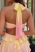 Load image into Gallery viewer, Yellow and Pink Ruffled Cut Out Halter Chiffon Short Cocktail Dress
