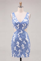 Load image into Gallery viewer, Blue Sequin Sparkly Cut Out Tight Short Cocktail Dress