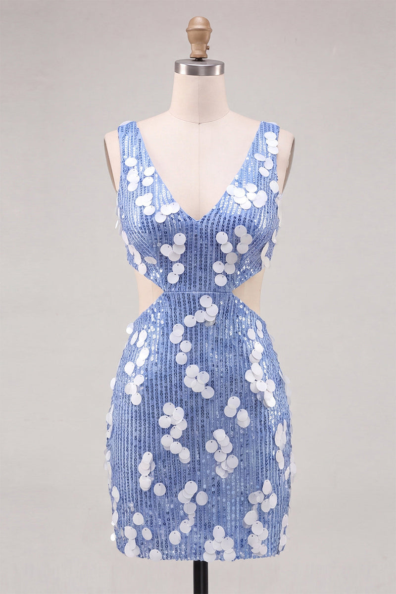 Load image into Gallery viewer, Blue Sequin Sparkly Cut Out Tight Short Cocktail Dress