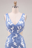 Load image into Gallery viewer, Blue Sequin Sparkly Cut Out Tight Short Cocktail Dress