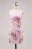 Load image into Gallery viewer, Floral Pink Sparkly Sequin Strapless Tight Short Cocktail Dress
