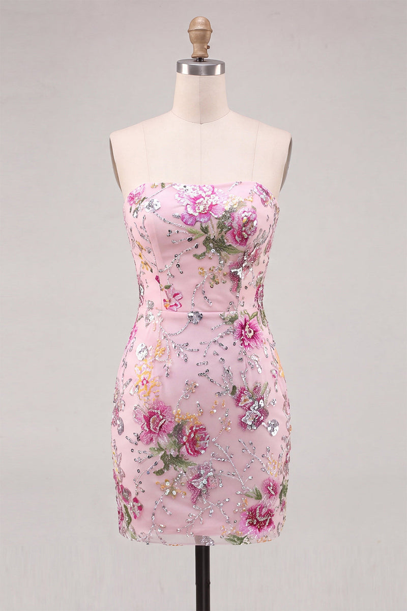 Load image into Gallery viewer, Floral Pink Sparkly Sequin Strapless Tight Short Cocktail Dress