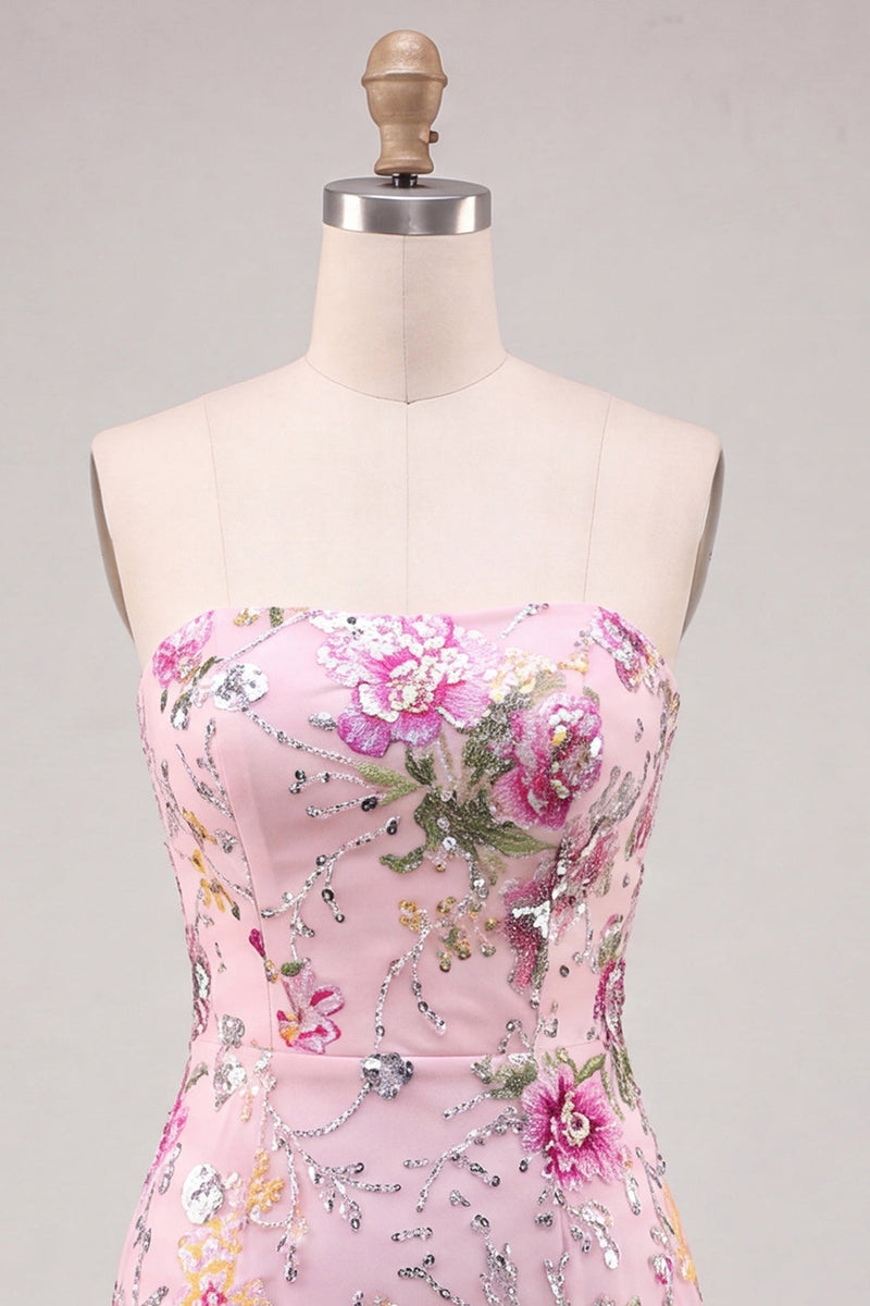 Load image into Gallery viewer, Floral Pink Sparkly Sequin Strapless Tight Short Cocktail Dress