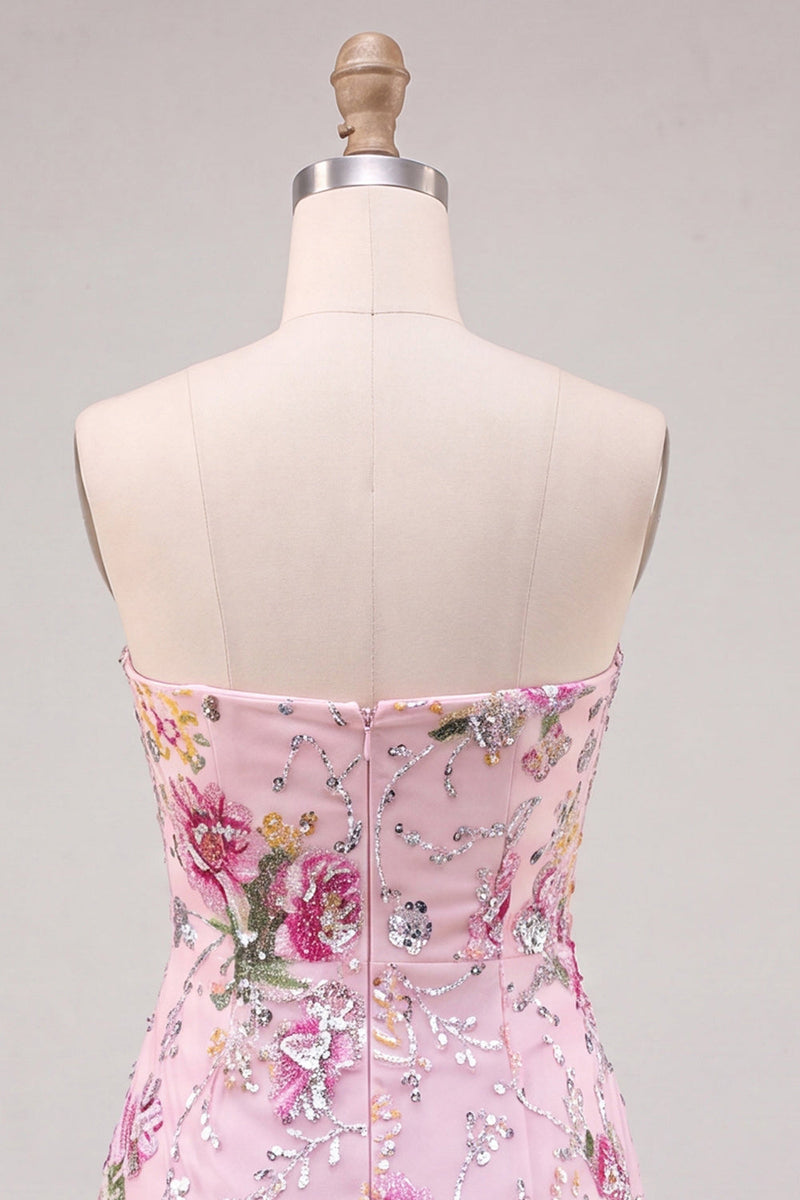 Load image into Gallery viewer, Floral Pink Sparkly Sequin Strapless Tight Short Cocktail Dress