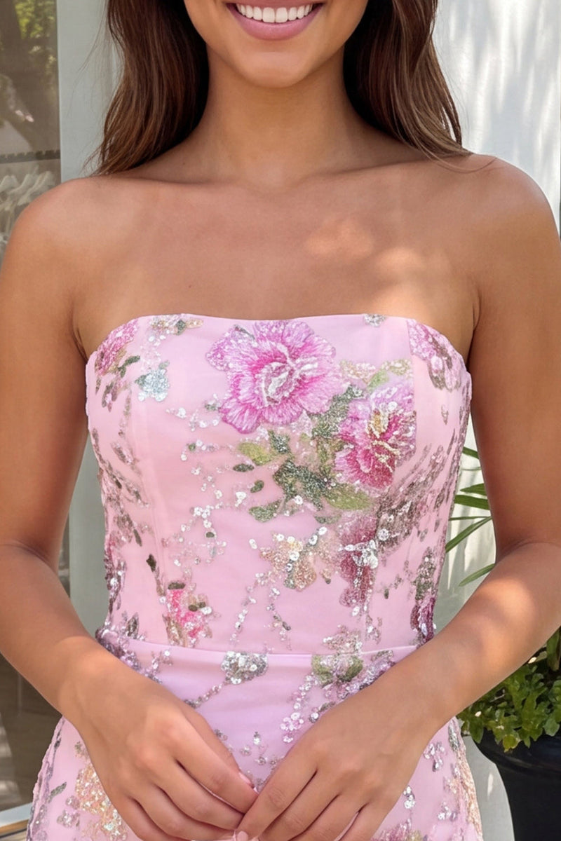 Load image into Gallery viewer, Floral Pink Sparkly Sequin Strapless Tight Short Cocktail Dress