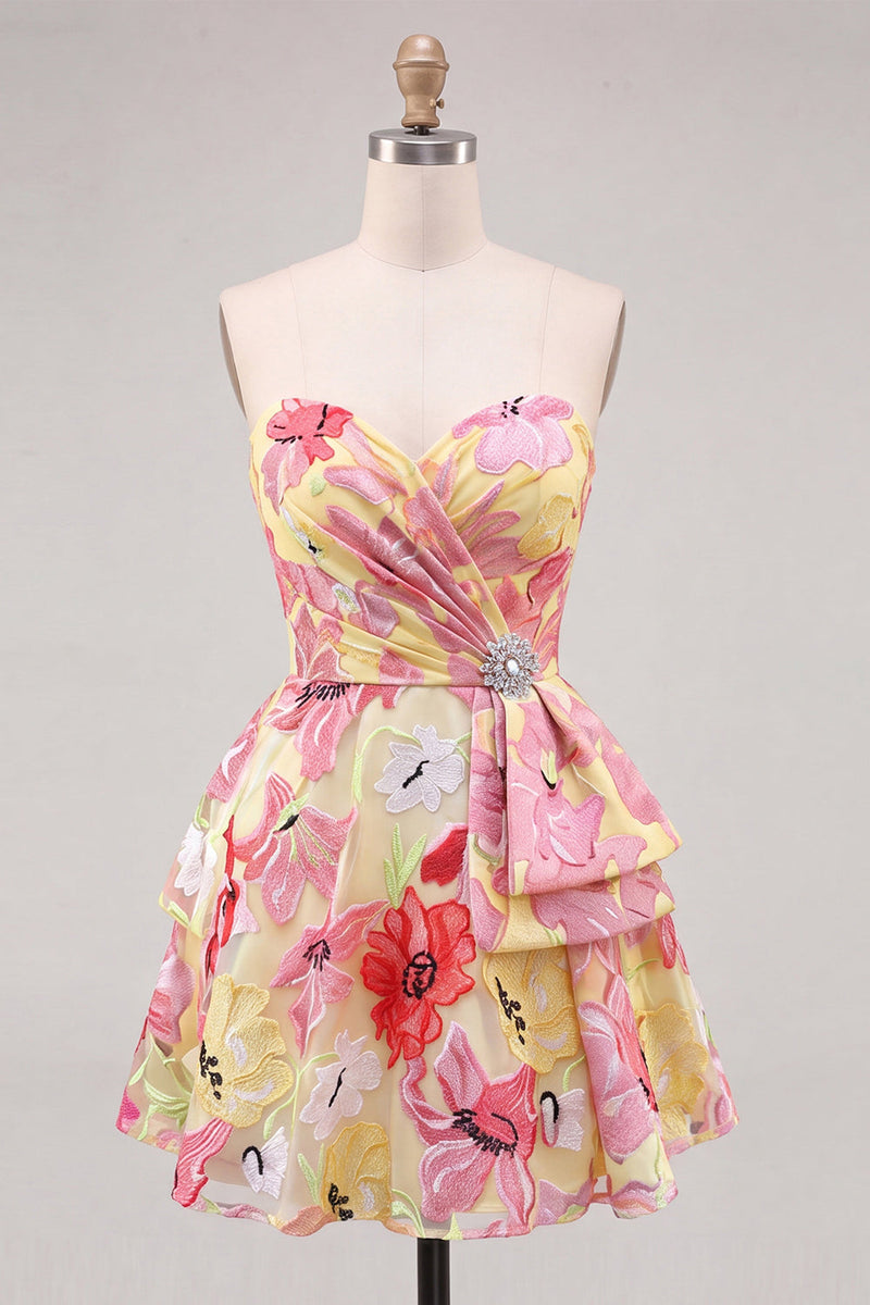 Load image into Gallery viewer, Floral Sparkly Pink Sweetheart Beaded Short Cocktail Dress