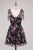 Load image into Gallery viewer, Floral Black Sparkly Sequin Short Cocktail Dress with Bows
