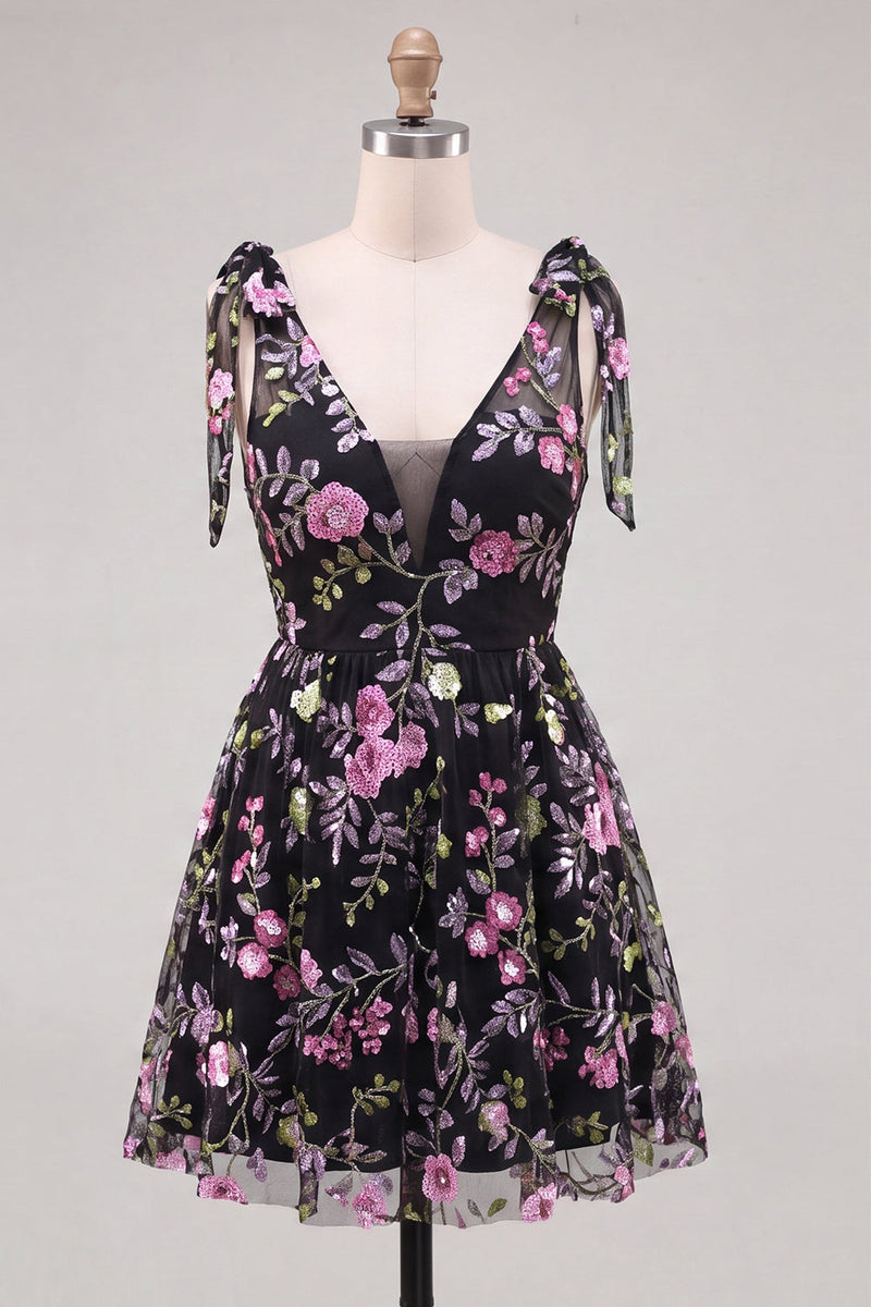 Load image into Gallery viewer, Floral Black Sparkly Sequin Short Cocktail Dress with Bows