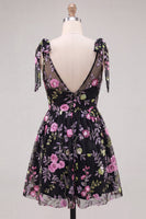 Load image into Gallery viewer, Floral Black Sparkly Sequin Short Cocktail Dress with Bows