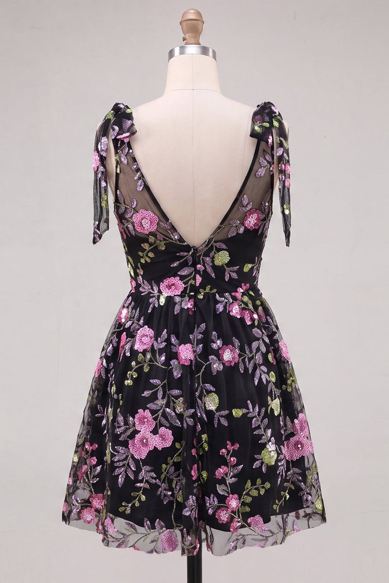 Load image into Gallery viewer, Floral Black Sparkly Sequin Short Cocktail Dress with Bows
