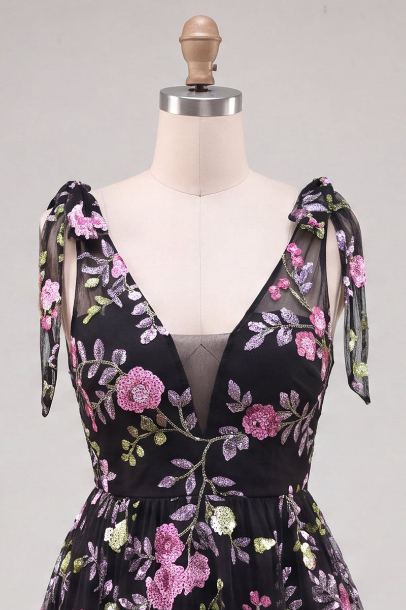 Load image into Gallery viewer, Floral Black Sparkly Sequin Short Cocktail Dress with Bows