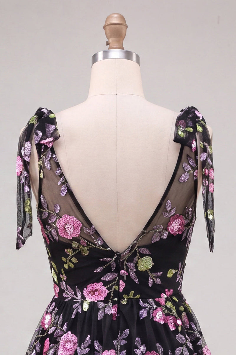 Load image into Gallery viewer, Floral Black Sparkly Sequin Short Cocktail Dress with Bows