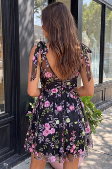 Floral Black Sparkly Sequin Short Cocktail Dress with Bows