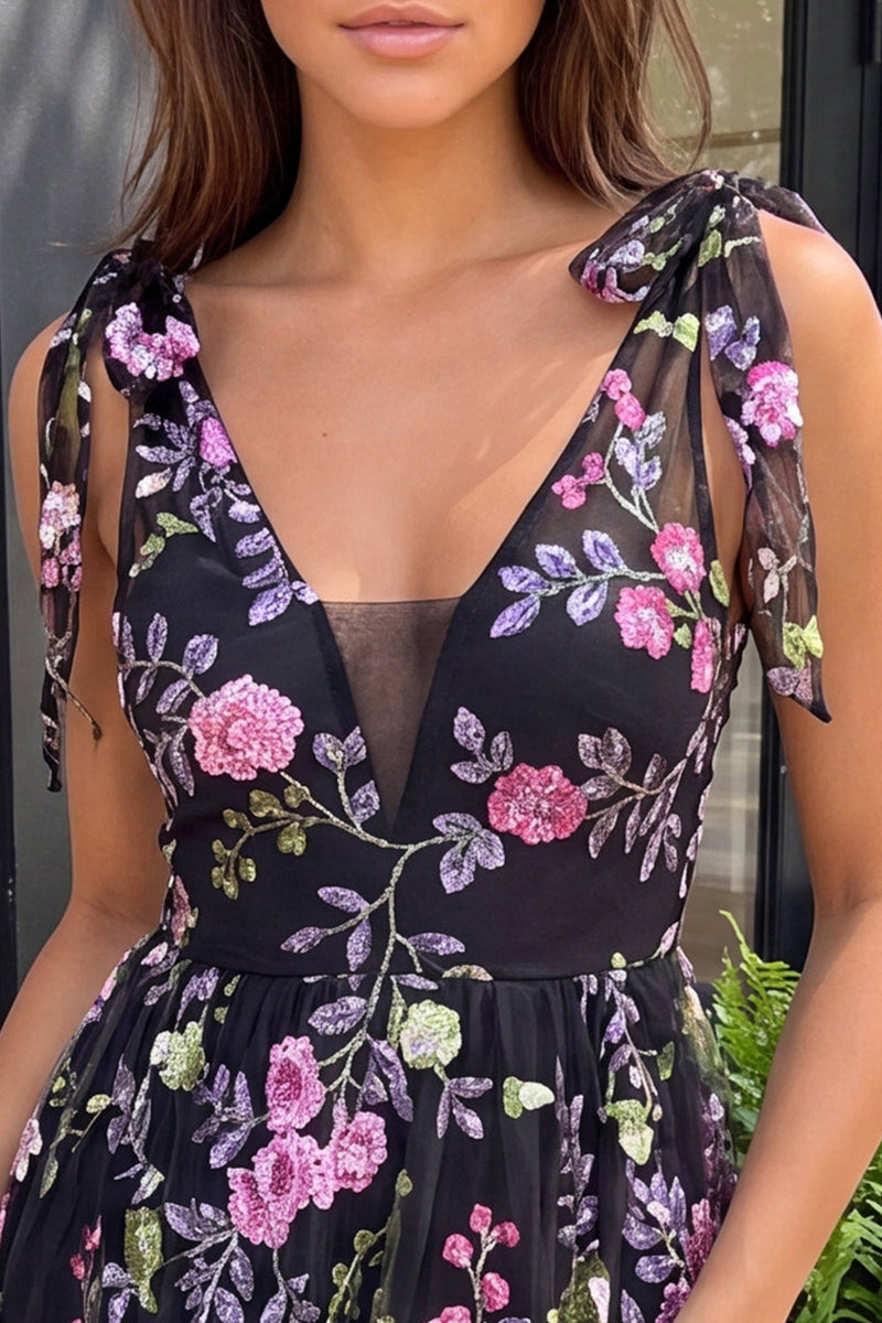 Load image into Gallery viewer, Floral Black Sparkly Sequin Short Cocktail Dress with Bows