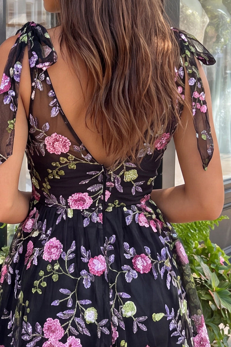 Load image into Gallery viewer, Floral Black Sparkly Sequin Short Cocktail Dress with Bows