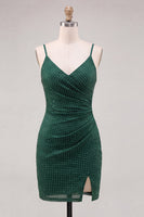 Load image into Gallery viewer, Dark Green Sparkly Beaded Short Tight Cocktail Dress with Slit