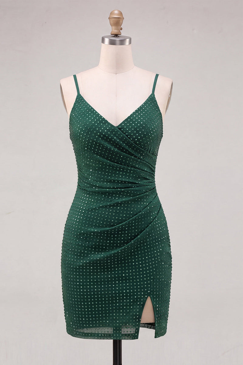 Load image into Gallery viewer, Dark Green Sparkly Beaded Short Tight Cocktail Dress with Slit