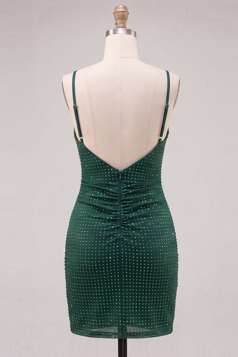 Load image into Gallery viewer, Dark Green Sparkly Beaded Short Tight Cocktail Dress with Slit