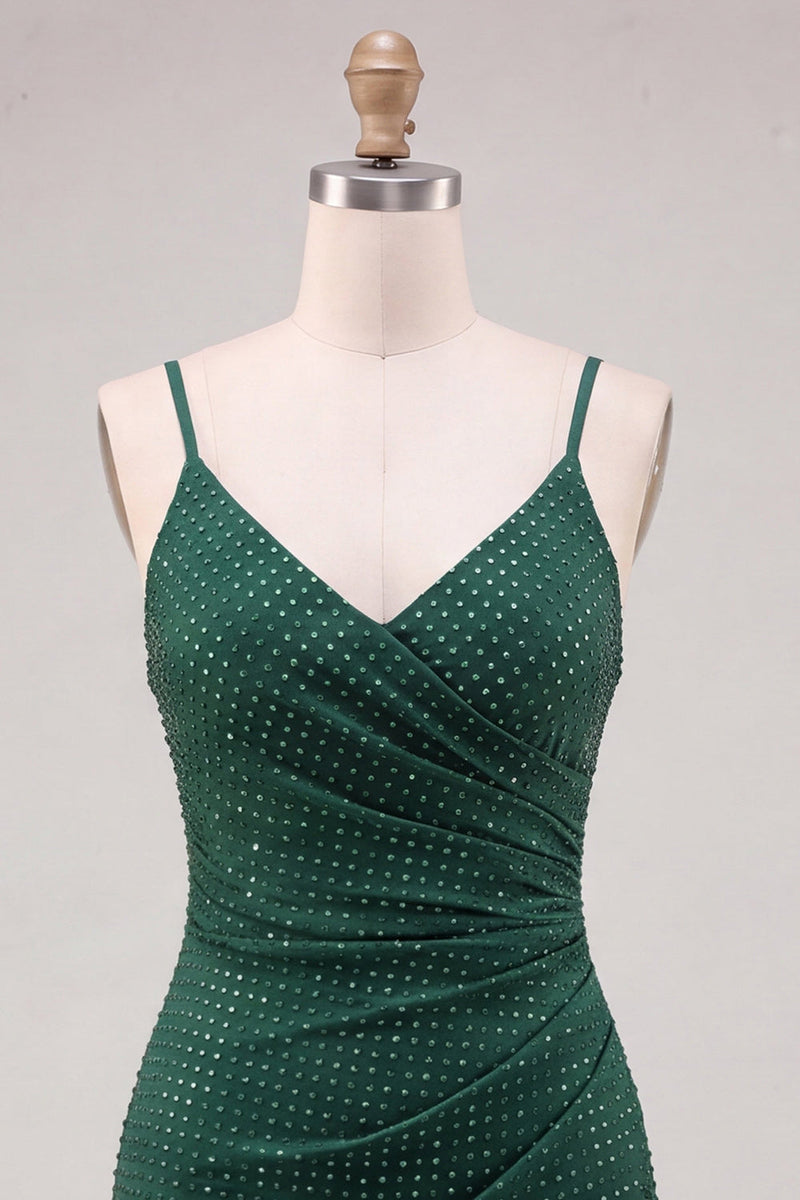 Load image into Gallery viewer, Dark Green Sparkly Beaded Short Tight Cocktail Dress with Slit