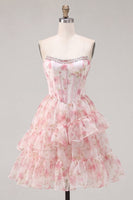Load image into Gallery viewer, Floral Pink Sparkly Corset Beaded Short Cocktail Dress with Ruffles