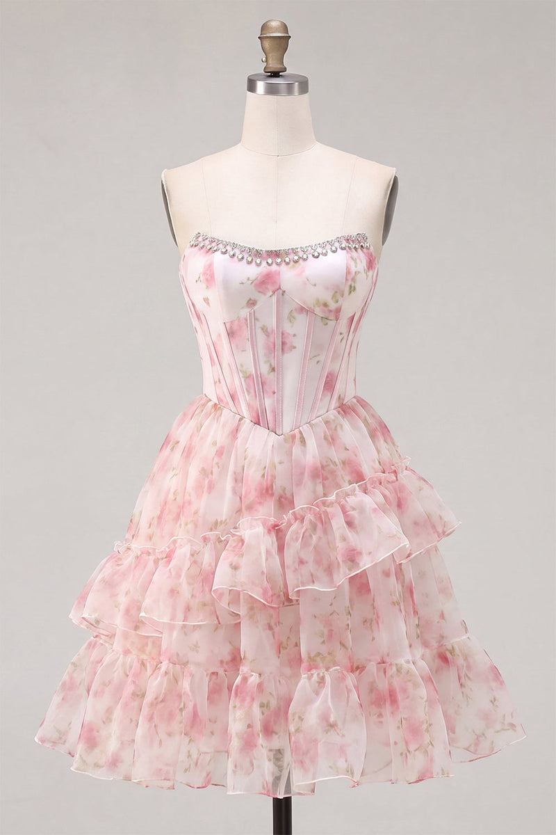 Load image into Gallery viewer, Floral Pink Sparkly Corset Beaded Short Cocktail Dress with Ruffles