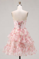 Load image into Gallery viewer, Floral Pink Sparkly Corset Beaded Short Cocktail Dress with Ruffles