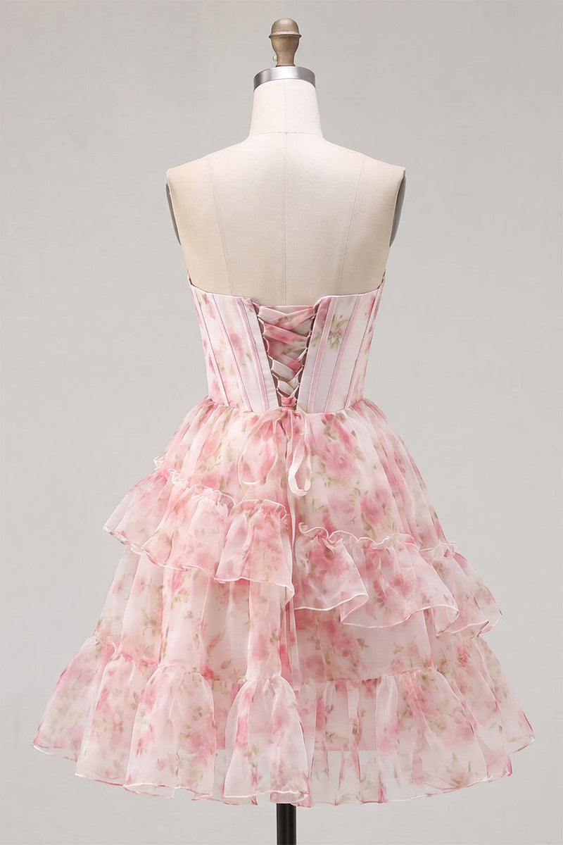 Load image into Gallery viewer, Floral Pink Sparkly Corset Beaded Short Cocktail Dress with Ruffles