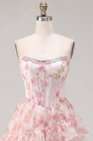 Load image into Gallery viewer, Floral Pink Sparkly Corset Beaded Short Cocktail Dress with Ruffles