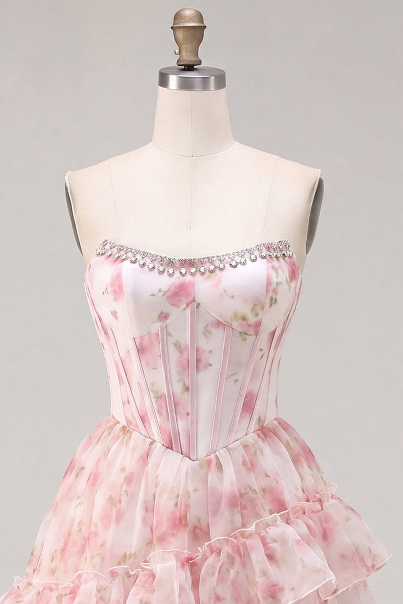 Load image into Gallery viewer, Floral Pink Sparkly Corset Beaded Short Cocktail Dress with Ruffles