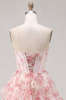 Load image into Gallery viewer, Floral Pink Sparkly Corset Beaded Short Cocktail Dress with Ruffles