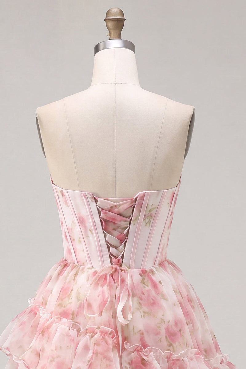 Load image into Gallery viewer, Floral Pink Sparkly Corset Beaded Short Cocktail Dress with Ruffles