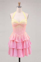 Load image into Gallery viewer, Yellow and Pink Ruffled Halter A Line Short Corset Cocktail Dress