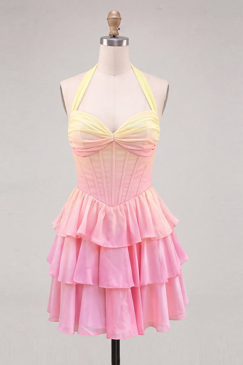 Load image into Gallery viewer, Yellow and Pink Ruffled Halter A Line Short Corset Cocktail Dress