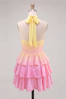 Load image into Gallery viewer, Yellow and Pink Ruffled Halter A Line Short Corset Cocktail Dress
